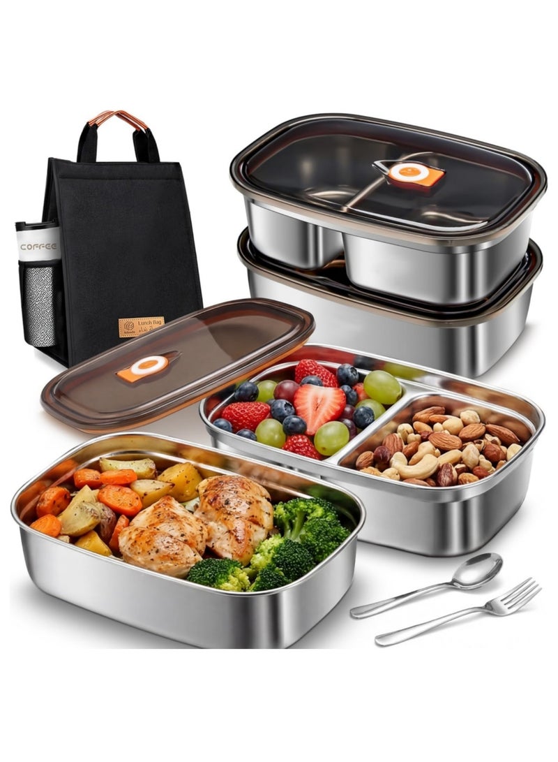 Adando Stainless Steel Lunch Box Adult: 1200ML+1400ML Leakproof 304 Metal Bento Box with Airtight lid - Lightweight Lunchbox for Men Women - for Work Office School Picnic Outside with Thermal Bag & Cutlery - Image 1